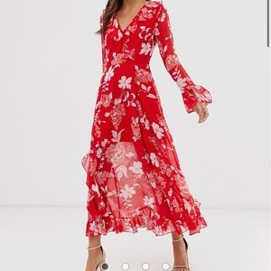 ASOS DESIGN wrap maxi dress with frills in red floral print